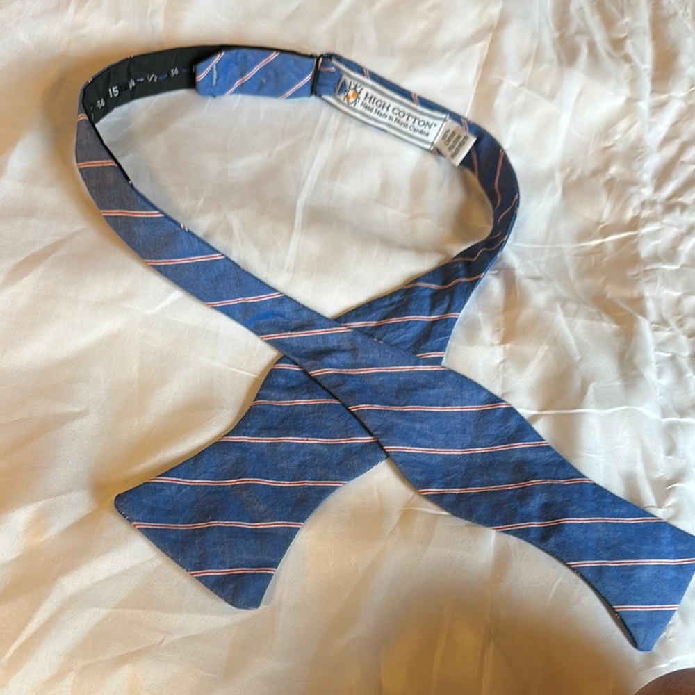 High Cotton Blue with Red and White Striped Bow Tie